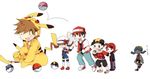  4boys afterimage alternate_costume backwards_hat baseball_cap black_hair crystal_(pokemon) fang gen_1_pokemon gold_(pokemon) great_ball hat henachoko highres holding holding_poke_ball kotone_(pokemon) love_ball master_ball motion_lines multiple_boys multiple_girls nest_ball ookido_green pikachu poke_ball poke_ball_(generic) pokemon pokemon_(creature) pokemon_(game) pokemon_hgss pokemon_rgby red_(pokemon) red_(pokemon_rgby) safari_ball silver_(pokemon) simple_background translated twintails ultra_ball white_background 