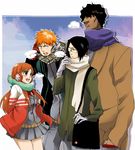  1girl 3boys bleach dark_skin glasses inoue_orihime ishida_uryu ishida_uryuu kurosaki_ichigo megane multiple_boys sado_yasutora winter yasutora_sado yuu_(pixiv2027070) 