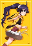  ahoge araragi_karen asymmetrical_hair bakemonogatari bee black_hair brown_eyes bug collarbone grin hood hooded_track_jacket hoodie insect jacket long_hair monogatari_(series) nisemonogatari shorts side_ponytail smile solo tank_top tomoyohi track_jacket 