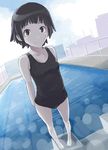 black_eyes black_hair black_swimsuit breasts day foreshortening hitori_(htr_t) one-piece_swimsuit original pool school_swimsuit short_hair small_breasts solo standing swimsuit 