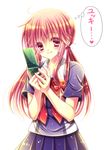  ahoge cellphone gasai_yuno long_hair mirai_nikki momomiya_mion phone pink_eyes pink_hair ribbon school_uniform twintails 