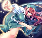  beret black_ribbon blue_eyes braid breasts chinese_clothes energy fighting_stance hair_ribbon hat hong_meiling kinntarou large_breasts long_hair red_hair ribbon shoes smile solo star torn_clothes touhou twin_braids 