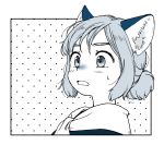  1girl akai_sashimi animal_ear_fluff animal_ears blush border cat_ears frame furrowed_eyebrows looking_away monochrome nose_blush open_mouth original polka_dot polka_dot_background portrait short_hair solo tareme wide-eyed 