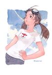  brown_hair collarbone copyright_request dutch_angle face goggles goggles_on_head hand_on_hip hands lips shirt signature smile solo t-shirt tanaka_kunihiko traditional_media twintails watercolor_(medium) 