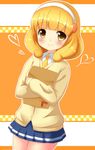  blonde_hair blush blush_stickers cardigan checkered hairband heart kise_yayoi nanairogaoka_middle_school_uniform necktie orange_background precure school_uniform short_hair sketchbook skirt smile smile_precure! solo tamago_kago white_hairband yellow_eyes 