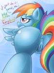  animal_ears anus butt cutie_mark dialog english_text equine female feral friendship_is_magic haiku_oezu hair hi_res horse mammal multi-colored_hair my_little_pony nude pegasus plain_background pony presenting pussy rainbow_dash_(mlp) rainbow_hair solo sweethd tail text wings 