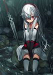  bad_id bad_pixiv_id bare_shoulders between_legs braid choker dress elbow_gloves en@rain fingerless_gloves gloves hair_over_one_eye hand_between_legs highres long_hair looking_at_viewer original red_eyes silver_hair sitting smile solo stream sword thighhighs twin_braids v_arms weapon white_legwear 