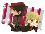  blonde_hair blush brown_hair bug butterfly cabbie_hat chibi dark_persona ebitetsu formal hat insect ken_a_jian male_focus multiple_boys nail_polish ourobunny red_eyes suit tiger_&amp;_bunny vest waistcoat 