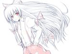  dress_shirt fujiwara_no_mokou hair_ribbon hands_in_pockets long_hair monochrome nirap red_eyes ribbon shirt smile solo spot_color suspenders touhou upper_body very_long_hair 