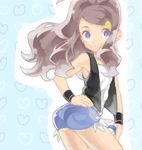  baseball_cap blue_eyes brown_hair denim denim_shorts exposed_pocket hat long_hair mimizubare pokemon pokemon_(game) pokemon_bw ponytail shorts smile solo touko_(pokemon) vest 