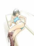  boots couch green_eyes green_hair hitori_(htr_t) lying original panties short_hair solo sports_bra underwear underwear_only 