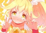  3: blonde_hair blush bow cure_peace double_v eyelashes hair_flaps hato_haru kise_yayoi magical_girl precure smile_precure! solo tears v wide_ponytail yellow yellow_bow yellow_eyes 