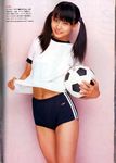  1girl asian ball bloomer bloomers buruma cosplay gym_uniform matsunaga_ayaka navel photo real smile soccer soccer_ball solo twintails underwear undressing 