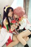  cosplay dress flower footwear highres himemiya_anthy himemiya_anthy_(cosplay) jewelry photo pink_hair purple_hair revolutionary_girl_utena ring rose roses rou rou_(cosplayer) saya saya_(cosplayer) shoujo_kakumei_utena socks tenjou_utena tenjou_utena_(cosplay) tiara uniform 