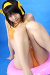  asian bikini cosplay cute flat_chest hair_ribbon hair_ribbons happy highres innertube legs matsunaga_ayaka photo real ribbon side-tie_bikini small_breasts suzumiya_haruhi suzumiya_haruhi_no_yuuutsu swim_ring swimsuit 