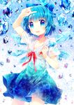  :d \m/ adapted_costume bad_id bad_pixiv_id blue blue_eyes blue_hair bow cirno collarbone dress fang hair_bow holding ice ice_wings lace looking_at_viewer microphone musical_note namie-kun open_mouth ribbon short_dress short_hair short_sleeves smile solo touhou v-neck wings 