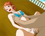  14mm bikini blush breasts censored large_breasts nami nami_(one_piece) one_piece orange_hair pubic_hair swimsuit 