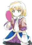  arm_warmers blonde_hair commentary_request green_eyes hand_mirror mirror mizuhashi_parsee pointy_ears sash scarf shirt short_hair sinzan skirt solo touhou white_scarf 