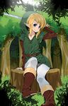  agemono androgynous bad_id bad_pixiv_id belt blonde_hair blue_eyes boots forest hat link male_focus nature pointy_ears sitting solo sword the_legend_of_zelda tunic weapon 