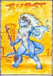  big_breasts blue_scales breasts burst castle chest_tuft claws dragon english_text female fur hair helmet long_hair looking_at_viewer mace magic magic_user mariano nipples nude outside pussy scalie solo standing text traditional_media tree tuft warrior weapon white_hair 