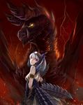  alatreon alatreon_(armor) armband armor back blue_hair breasts dragon gauntlets glowing glowing_eye highres horns lightning looking_back medium_breasts monster_hunter monster_hunter_3 pale_skin red_eyes sharp_teeth sideboob teeth windtalker 