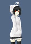  antennae black_hair hands_in_pocket hood hoodie pas_(paxiti) personification pleated_skirt red_eyes reddit reddit-tan short_hair simple_background skirt solo thighhighs zettai_ryouiki 