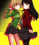  aguri_(aguri0406-aoi) amagi_yukiko aran_sweater bad_id bad_pixiv_id black_hair brown_eyes brown_hair cardigan green_shirt grin hairband jacket long_hair miniskirt multiple_girls pantyhose persona persona_4 satonaka_chie shirt short_hair simple_background skirt smile sweater teeth track_jacket 