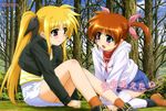  absurdres blonde_hair blush brown_hair casual cloud fate_testarossa fukuta_naoyuki highres katahira_shinji kneeling legs long_hair lyrical_nanoha magazine_scan mahou_shoujo_lyrical_nanoha mahou_shoujo_lyrical_nanoha_a's mahou_shoujo_lyrical_nanoha_the_movie_2nd_a's multiple_girls newtype non-web_source official_art okuda_yasuhiro open_mouth outdoors purple_eyes red_eyes scan shinjyou_hotaru short_twintails sky smile takamachi_nanoha tasaki_tomoko thighhighs twintails very_long_hair white_legwear zettai_ryouiki 