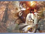  2boys clenched_hand fist forest headband himura_kenshin japanese_clothes leaf leaves long_hair male male_focus multiple_boys nature over_shoulder red_hair road rurouni_kenshin sagara_sanosuke sword tree walking wallpaper weapon wind 