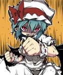  bat_wings blue_hair clenched_hands hat noya_makoto red_eyes remilia_scarlet shaded_face short_hair slit_pupils solo touhou watch wings wrist_cuffs 