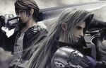  2boys armor black_gloves brown_hair final_fantasy final_fantasy_vii final_fantasy_viii fur_collar gloves gunblade jacket jewelry long_hair lowres male male_focus multiple_boys necklace sephiroth shirt squall_leonhart sword weapon white_hair white_shirt 