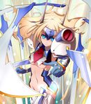  amder armor bad_id bad_pixiv_id blade blazblue blonde_hair blue_eyes breasts elbow_gloves expressionless forehead_protector gloves groin highres long_hair mecha_musume medium_breasts mu-12 navel necktie no_panties pauldrons pointing pointing_forward revealing_clothes solo underboob 