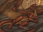  4_toes cave claws digitigrade dragon fangs feral hi_res hindpaw looking_at_viewer lying nude paws pose red_dragon red_scales reptile rock scalie scar soles solo spikes tail teeth tojo_the_thief wallpaper western_dragon wings yellow yellow_body yellow_eyes 