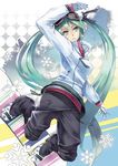  alternate_costume aqua_eyes aqua_hair boots goggles goggles_on_head hatsune_miku jacket kibanda_gohan long_hair looking_at_viewer mittens parted_lips snowboard snowflakes solo twintails very_long_hair vocaloid 