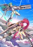  armor athrun1120 cloud dual_wielding green_hair gun holding long_hair lying mecha_musume multiple_girls original red_hair sky thighhighs weapon 