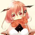  ahoge bat_wings black_gloves blush bow capelet cross enpera gloves hair_ornament head_wings koakuma looking_at_viewer orange_scarf red_eyes red_hair scarf scarf_bow shii_(cocoa) smile solo touhou upper_body wings 