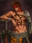  arisue_kanako bandages brown_hair chest_tattoo facial_hair final_fantasy final_fantasy_x headband jecht long_hair male_focus red_eyes sash scar shirtless single_bare_arm solo tattoo weapon younger 