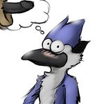  avian balls bird blue blue_feathers blue_jay blush chest_tuft fur gay looking_at_viewer male mammal mordecai penis raccoon regular_show rigby solo stated_homosexuality thought_bubble tuft 
