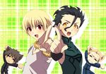  =_= ahoge animal_ears bad_id bad_pixiv_id blonde_hair bracelet carnival_phantasm cat_ears cross cross_necklace dancing derivative_work fate/zero fate_(series) gilgamesh green_background jewelry kayneth_el-melloi_archibald kotomine_kirei lancer_(fate/zero) male_focus meganewww mole mole_under_eye multiple_boys necklace nekoarc parody pointing red_eyes super_affection yellow_eyes 