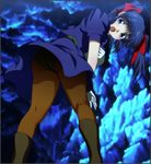  ass blue_eyes blue_hair blush boots border brown_legwear from_behind gloves hair_ribbon highres kneepits leaning_forward long_hair looking_back mio_sasuga open_mouth panties panties_under_pantyhose pantyhose ribbon solo super_robot_wars super_robot_wars_the_lord_of_elemental twintails underwear upskirt white_gloves yadokari_genpachirou 