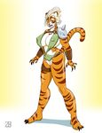  anthro armband armbands big_breasts braid breasts claws fangs feline female hair hi_res lips looking_at_viewer mammal nipples open_mouth solo standing stripes tail thighs tiger tongue tongue_out voluptuous warrior white_hair wide_hips yellow_eyes zaftigbunnypress 