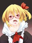  ascot bespectacled blonde_hair collarbone cum cum_in_mouth cum_on_body cum_on_hair cum_on_tongue cum_on_upper_body downblouse dress face facial fang glasses hair_ribbon heart long_sleeves looking_at_viewer ogami_kazuki open_mouth red-framed_eyewear red_eyes ribbon rumia saliva semi-rimless_eyewear short_hair solo teeth touhou under-rim_eyewear 