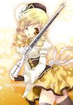  2012 blonde_hair breasts drill_hair gloves gun hat highres koge_donbo magical_girl magical_musket mahou_shoujo_madoka_magica medium_breasts one_eye_closed rifle short_hair smile thighhighs tomoe_mami twin_drills twintails weapon yellow_eyes 