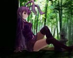  animal_ears bamboo black_legwear bunny_ears long_hair looking_at_viewer necktie purple_hair red_eyes reisen_udongein_inaba sitting skirt smile solo thighhighs touhou yagi_(sinnsyou) zettai_ryouiki 