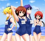  4girls antenna_hair armpits arms_up beach blonde_hair braid breast_envy breasts brown_eyes brown_hair covered_navel day fang goshiki_agiri green_eyes hand_on_hip highres kill_me_baby long_hair medium_breasts multiple_girls oribe_yasuna purple_eyes purple_hair rectangular_mouth red_hair school_swimsuit short_hair sonya_(kill_me_baby) sweatdrop swimsuit thigh_gap twintails unused_character watarui 