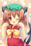  animal_ears bad_id bad_pixiv_id brown_hair cat_ears cat_tail chen fang hat red_eyes ribbon shinekalta short_hair solo tail touhou twintails 