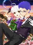  1girl :o alternate_costume bad_id bad_pixiv_id blue_eyes blue_hair couple duplicate flower formal glasses hat hetero hubert_ozwell kamihara_yuu lily_(flower) multicolored_hair open_mouth pascal pink_flower pink_rose planet red_hair rose short_hair suit tales_of_(series) tales_of_graces two-tone_hair white_hair yellow_eyes 