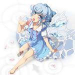  arm_support barefoot blue_eyes blue_hair bow breasts cirno dress feet food full_body gpbeta hair_bow hair_ornament highres ice_cream multicolored multicolored_eyes open_mouth petals ribbon short_hair small_breasts solo tongue tongue_out touhou water wings 