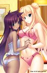  ass blonde_hair blue_panties bra camisole dark_skin double_bun frilled_bra frills himukai_kyousuke holding_hands lilia_kjellberg lingerie long_hair looking_back melvina_advani multiple_girls muvluv muvluv_alternative navel panties pink_bra pink_panties side-tie_panties striped striped_panties two_side_up underwear underwear_only very_long_hair 