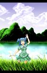  :d ^_^ arm_up bad_id bad_pixiv_id blue_hair cattail closed_eyes cloud day grass hair_bobbles hair_ornament highres kawashiro_nitori lake letterboxed mountain no_hat no_headwear open_mouth plant reeds short_hair short_twintails skirt skirt_set smile solo sudo_shinren touhou twintails two_side_up 
